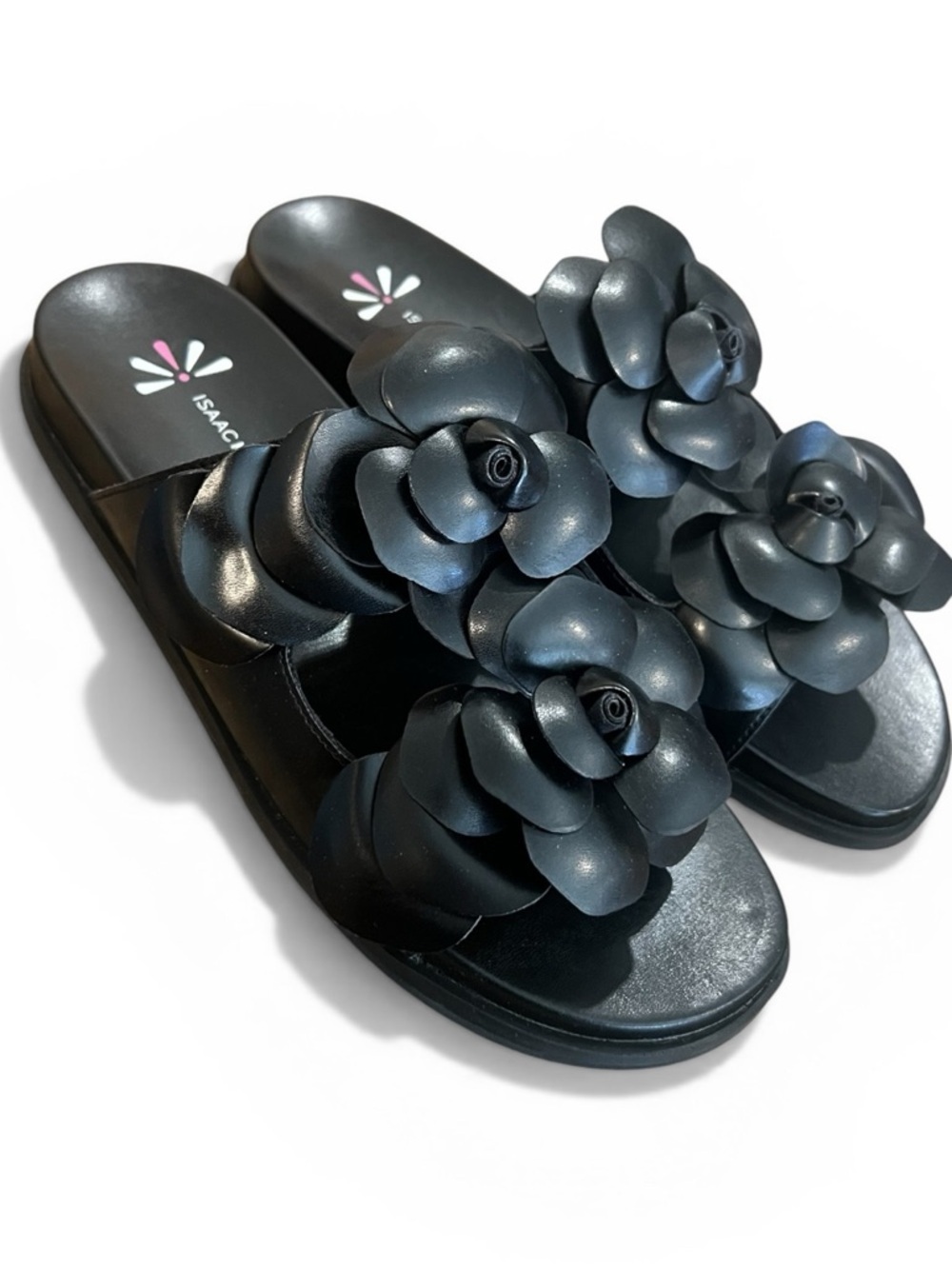 Isaac Mizrahi Live Black Floral Slide Sandals NIB Size 8 Statement 3D Flower
